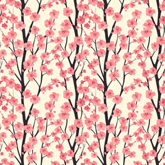 Cherry tree in full bloom seamless pattern. Can be used for gift wrapping, wallpaper, background