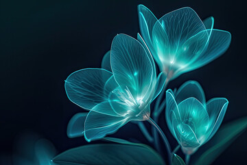 Isolated fantasy bioluminescent flowers glowing in the wild at night for wallpaper