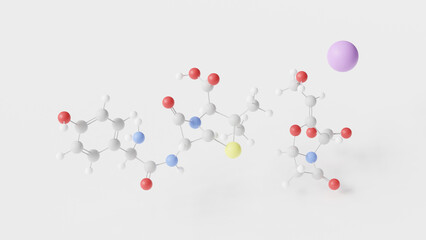 amoxicillin clavulanic acid molecule 3d, molecular structure, ball and stick model, structural chemical formula co-amoxiclav