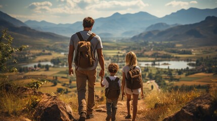 Adventurous family exploring scenic hiking trail and lake - obrazy, fototapety, plakaty