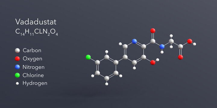 vadadustat molecule 3d rendering, flat molecular structure with chemical formula and atoms color coding