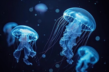 Isolated fantasy bioluminescent jellyfish in the sea