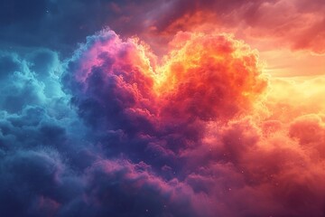valentine's day, valentine, love, A whimsical Valentine's Day background with a beautiful, colorful heart suspended in the clouds, creating a dreamy and romantic atmosphere for love-themed projects - obrazy, fototapety, plakaty