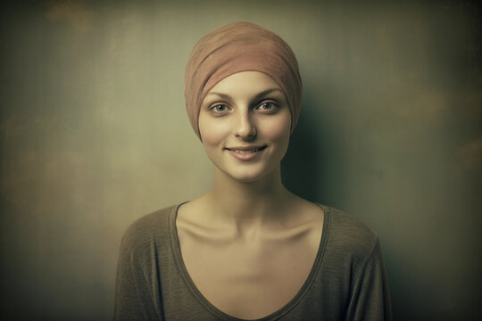  A striking portrait of a bald woman, bathed in ethereal light leaks, symbolizing hope and strength in the face of cancer. World Cancer Day concept.