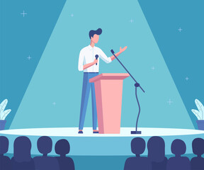 A male speaker speaks on scene with a speech at a presentation in a large conference room full of spectators. A politician or businessman, conference, international forum. Flat vector illustration.