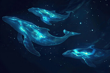 Isolated fantasy bioluminescent whale in the sea