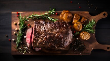 Prime rib beef fillet roast on black wooden board background, on dark wood table counter top down view - obrazy, fototapety, plakaty