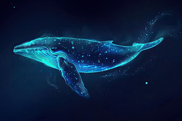 Isolated fantasy bioluminescent whale in the sea