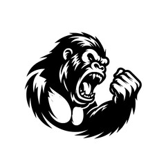 Vector logo of a raging gorilla. Professional logo of a mad kong. Black and white logo of an ape isolated on a white background.