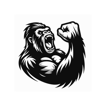 Vector logo of a raging gorilla. Professional logo of a mad kong. Black and white logo of an ape isolated on a white background.