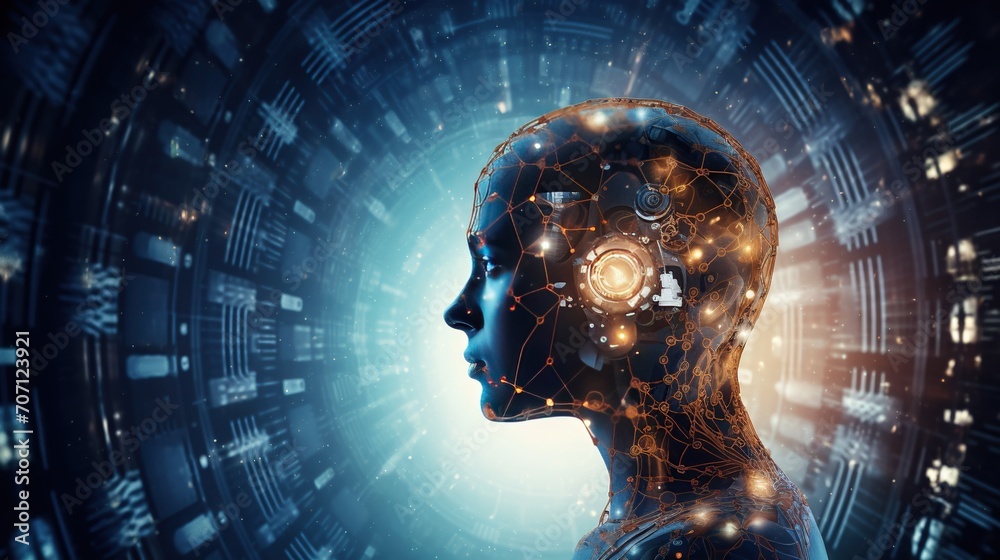 Poster a digital representation of an ai humanoid with a complex network for a brain, symbolizing advanced 