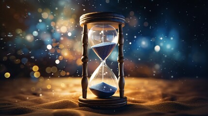 An ancient hourglass stands on desert sands against a mystical cosmic backdrop, with twinkling stardust enveloping the scene.