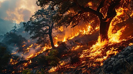 A blazing tree engulfed in fire, a deadly inferno threatening the city and its inhabitants.
