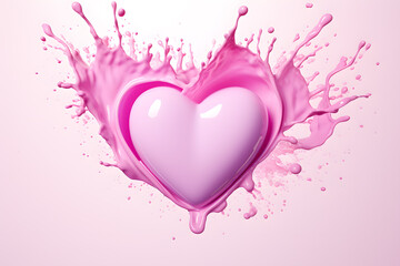Heart falls into the pink liquid with splash. Romantic symbol for Valentines day.