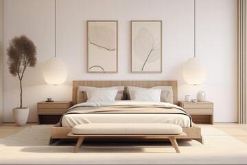The bedroom design has a beige and white gold background with a spacious room. Modern minimalist bedroom interior design. Aesthetically luxurious room decoration and unique and eye-catching furniture