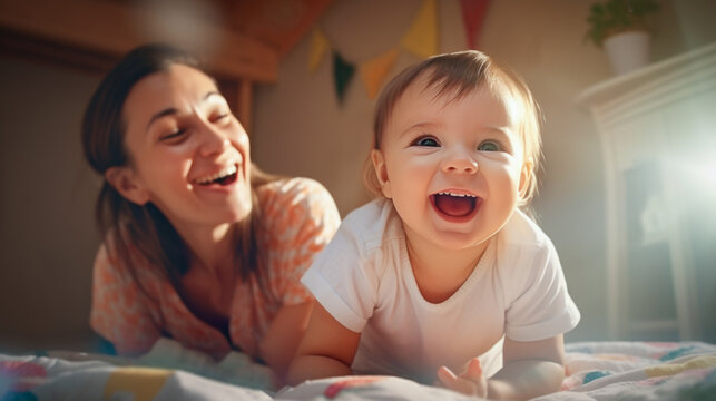 Happy mom and baby having fun on the bed before going to be in the afternoon
