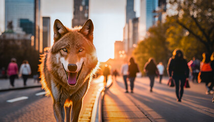 grey wild wolf is walking along a city street, generative ai
