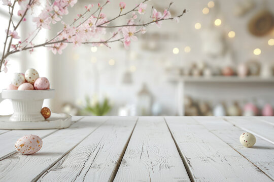 White wooden table with a bouquet of flowers in a vase, eggs and a beautiful Easter background