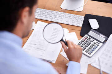 Finance, businessman and magnifying glass in office with bookkeeper career, budget and bills...