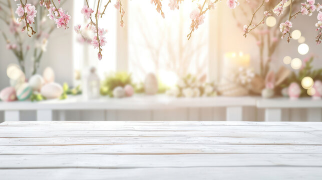 White wooden table with a bouquet of flowers in a vase, eggs and a beautiful Easter background
