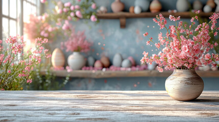 Wooden table with a bouquet of flowers in a vase, eggs and a beautiful Easter themed background