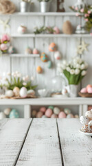 White wooden table with a bouquet of flowers in a vase, eggs and a beautiful Easter background