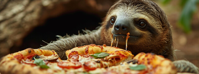 cute handsome sloth eating pizza.