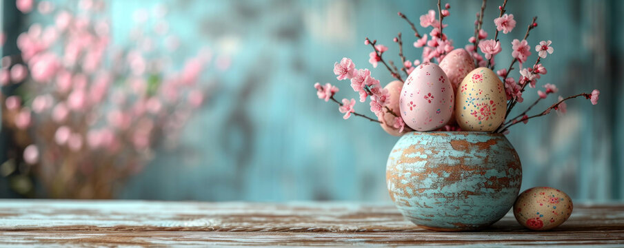 Wooden table with a bouquet of flowers in a vase, eggs and a beautiful Easter themed background