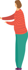 Woman in striped shirt gesturing with her hand, casual style, side view. Female presenting or showing something, simple character design vector illustration.