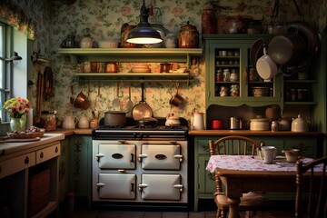 Transport yourself to a bygone era with this charming photograph of a traditional kitchen - obrazy, fototapety, plakaty
