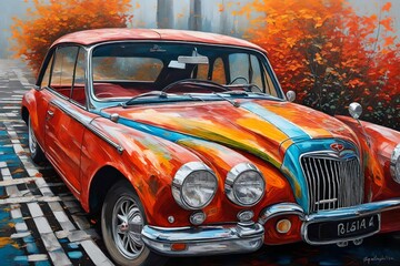 Acrylic painting capturing the vibrant colors and textures of a car, showcasing the artist's skillful brush strokes and attention to detail.