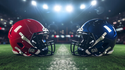 Fototapeta premium Football helmet on grass, American football helmets facing each other on football field with stadium lights. Sports background, Ai generated image