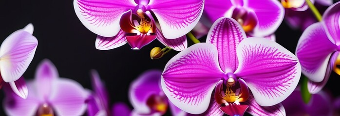 Purple orchid branch on dark black background close up