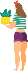 Young woman in shorts holding a potted plant. Casual female with houseplant, home gardening. Urban jungle, plant lover vector illustration.
