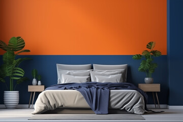 The design of the bedroom with bright orange and blue nuance with a spacious room. Modern minimalist bedroom interior design. Aesthetic luxury room decoration and unique furniture and eye-catching