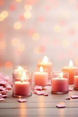 Burning candles with paper hearts on wooden table, on light background.