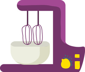 Purple and white electric mixer with beaters. Kitchen appliance for baking and cooking. Simple cartoon style vector illustration.