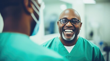 A group of dedicated medical professionals sharing a lighthearted moment during their break, exchanging laughter and stories, creating a supportive and joyful atmosphere. - obrazy, fototapety, plakaty
