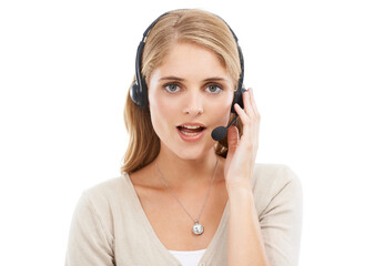 Call center, woman and portrait in studio for contact, customer service and FAQ questions on white background. Telemarketing agent with microphone for IT support, CRM advisory and telecom consulting