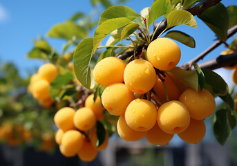 Ripe and juicy yellow plums hanging on tree with blue sky. Healthy food. AI generated