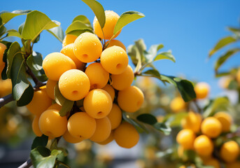 Ripe and juicy yellow plums hanging on tree with blue sky. Healthy food. AI generated - Powered by Adobe