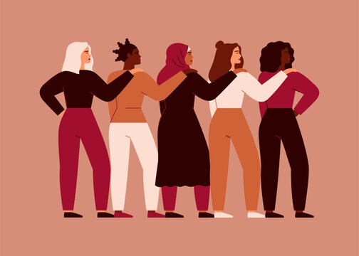 Different women put hands on the shoulders to each other as support and help. Empowerment illustration with five females which standing together. 8 march day vector concept
