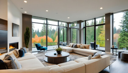 Large modern luxury living room interior in Bellevue home.
