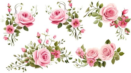 Set of vector bouquets of pink rose. Flowers on white background. All elements are isolated. Elements for wedding design. Corners and borders of pink roses. generative ai