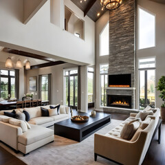 Obraz premium Luxurious interior design living room and fireplace in a beautiful house