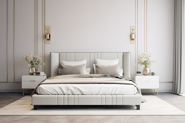 The design of the bedroom with bright beige and white nuance with a spacious room. Modern minimalist bedroom interior design. Aesthetic luxury room decoration and unique furniture and eye-catching