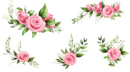 Glasschilderij Bloemen Set of vector bouquets of pink rose. Flowers on white background. All elements are isolated. Elements for wedding design. Corners and borders of pink roses. generative ai