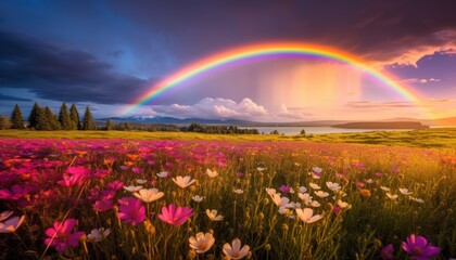 Rainbow in the Sky Above Flower Field