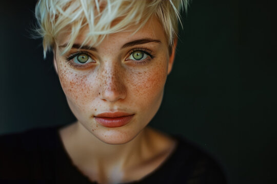 portrait studio sur fond noir d'une jeune fille blonde avec des tâches de rousseurs, aux cheveux court coupés "à la garçonne" et aux yeux vert 