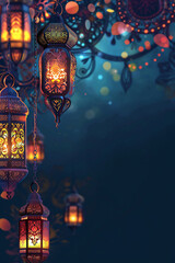 Ramadan Kareem arabic greeting design with hanging glowing lanterns on blue background. Copy space.